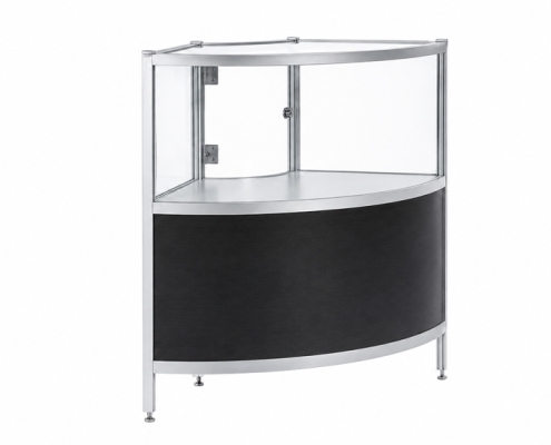 Lage aluminium hoekvitrinekast Moore met glazen presentatiegedeelte