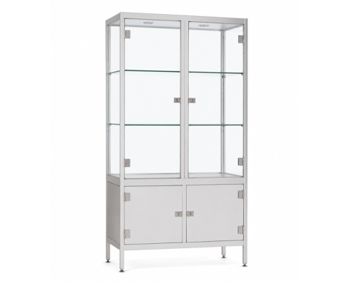 Brede aluminium vitrinekast met glazen deuren voor productpresentaties, model Byron
