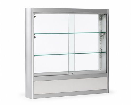 Aluminium wandvitrine met glazen schuifdeuren voor kleine producten, model Lindner