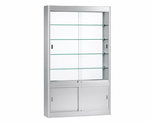 Ondiepe aluminium vitrinekast met glazen deuren voor presentaties, model Nolde