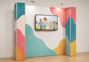 Monitorhouder op pop-up beurswand Monitorhouder op pop-up beurswand